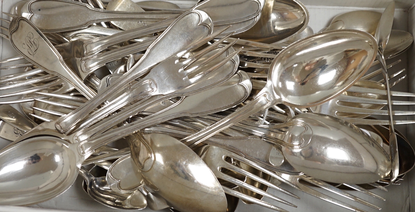 A set of six Victorian silver fiddle pattern table forks, London, 1854 and a group of mixed Victorian and later flatware, 46.5oz and a small quantity of Swiss? white metal flatware, 24.5oz.